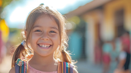 Portrait of a child girl on her first day at school.の素材