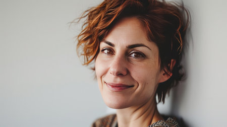 Portrait of a happy middle-aged woman looks in camera on white background.の素材