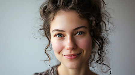 Portrait of a happy middle-aged woman looks in camera on white background.の素材
