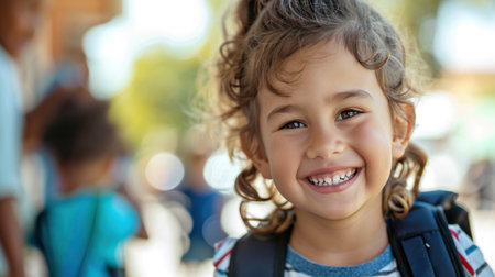 Portrait of a child girl on her first day at school.の素材