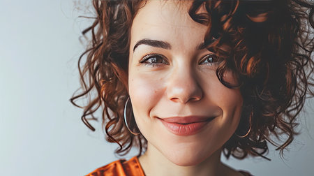 Portrait of a happy middle-aged woman looks in camera on white background.の素材