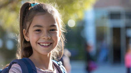 Portrait of a child girl on her first day at school.の素材