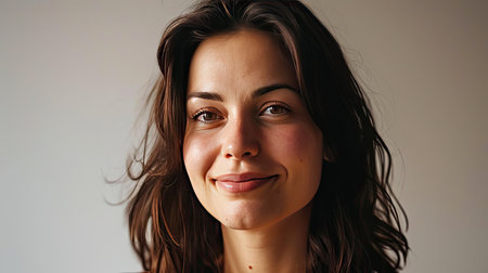 Portrait of a happy middle-aged woman looks in camera on white background.の素材