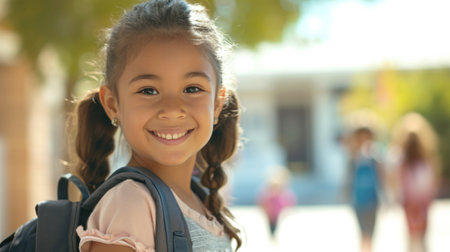Portrait of a child girl on her first day at school.の素材
