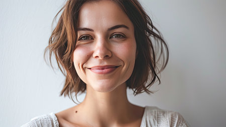 Portrait of a happy middle-aged woman looks in camera on white background.の素材