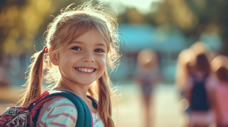 Portrait of a child girl on her first day at school.の素材