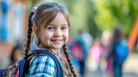 Portrait of a child girl on her first day at school.の素材