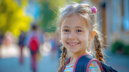 Portrait of a child girl on her first day at school.の素材