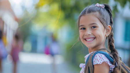 Portrait of a child girl on her first day at school.の素材