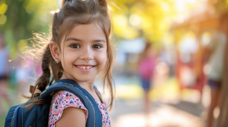 Portrait of a child girl on her first day at school.の素材