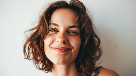 Portrait of a happy middle-aged woman looks in camera on white background.の素材