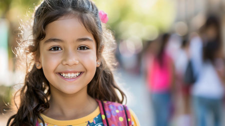 Portrait of a child girl on her first day at school.の素材