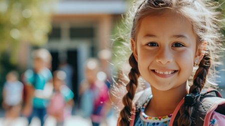 Portrait of a child girl on her first day at school.の素材
