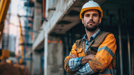 Portrait of a construction worker dressed in work uniform and wearing a hard hat. He is posing at his work site, a building under constructionの素材