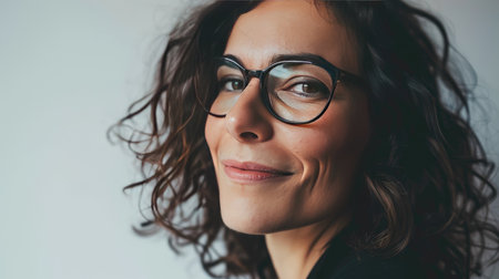 Portrait of a happy middle-aged woman looks in camera on white background.の素材