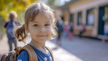Portrait of a child girl on her first day at school.の素材