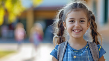 Portrait of a child girl on her first day at school.の素材