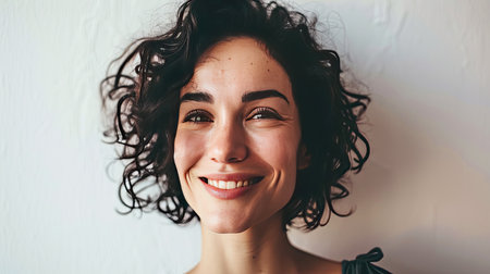 Portrait of a happy middle-aged woman looks in camera on white background.の素材