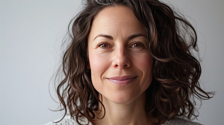Portrait of a happy middle-aged woman looks in camera on white background.の素材