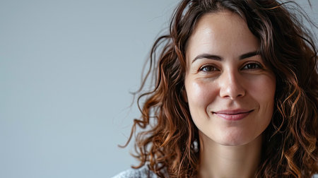 Portrait of a happy middle-aged woman looks in camera on white background.の素材