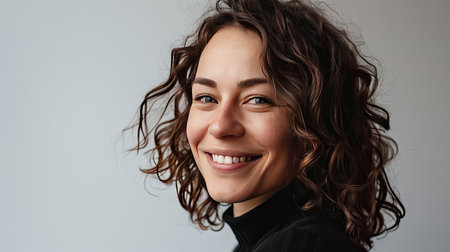 Portrait of a happy middle-aged woman looks in camera on white background.の素材
