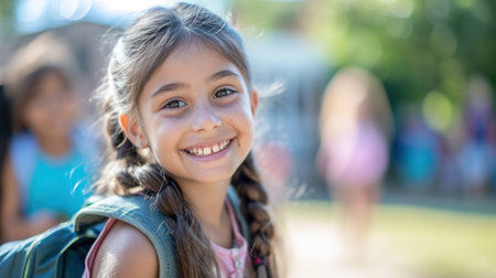 Portrait of a child girl on her first day at school.の素材