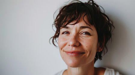 Portrait of a happy middle-aged woman looks in camera on white background.の素材