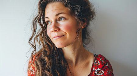 Portrait of a happy middle-aged woman looks in camera on white background.の素材