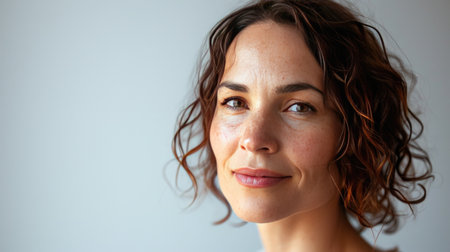 Portrait of a happy middle-aged woman looks in camera on white background.の素材