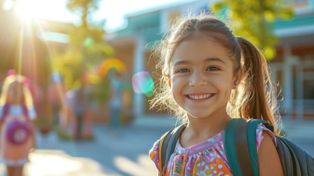 Portrait of a child girl on her first day at school.の素材