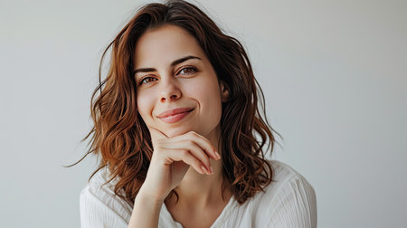 Portrait of a happy middle-aged woman looks in camera on white background.の素材