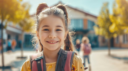 Portrait of a child girl on her first day at school.の素材