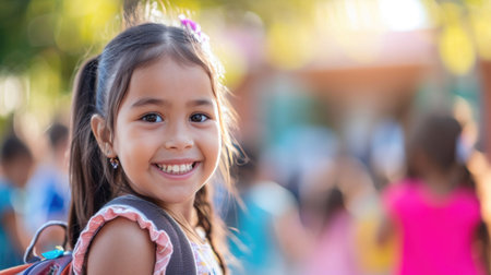 Portrait of a child girl on her first day at school.の素材