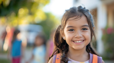 Portrait of a child girl on her first day at school.の素材