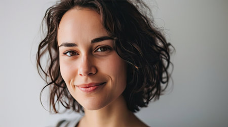 Portrait of a happy middle-aged woman looks in camera on white background.の素材
