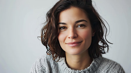 Portrait of a happy middle-aged woman looks in camera on white background.の素材