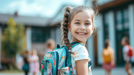 Portrait of a child girl on her first day at school.の素材