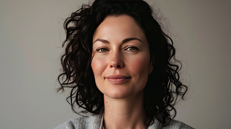 Portrait of a happy middle-aged woman looks in camera on white background.の素材