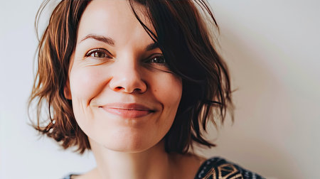 Portrait of a happy middle-aged woman looks in camera on white background.の素材