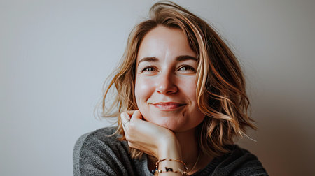 Portrait of a happy middle-aged woman looks in camera on white background.の素材