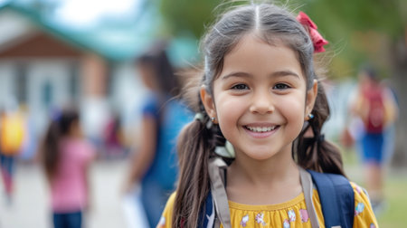 Portrait of a child girl on her first day at school.の素材