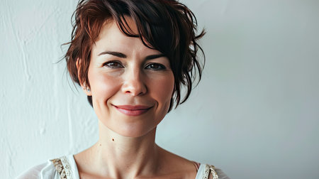 Portrait of a happy middle-aged woman looks in camera on white background.の素材