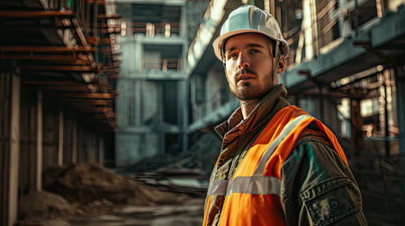 Portrait of a construction worker dressed in work uniform and wearing a hard hat. He is posing at his work site, a building under constructionの素材