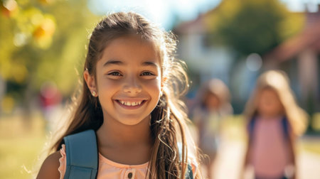 Portrait of a child girl on her first day at school.の素材