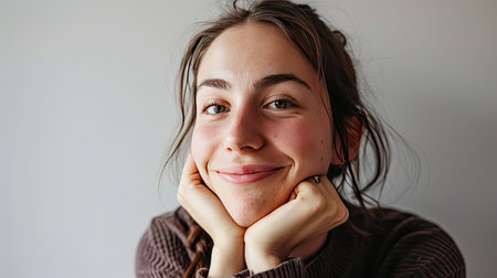 Portrait of a happy middle-aged woman looks in camera on white background.の素材