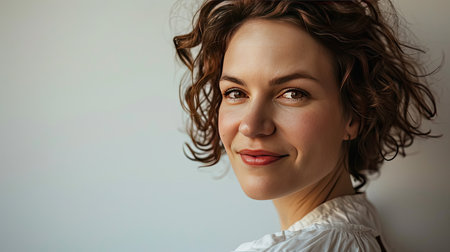 Portrait of a happy middle-aged woman looks in camera on white background.の素材