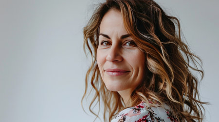 Portrait of a happy middle-aged woman looks in camera on white background.の素材