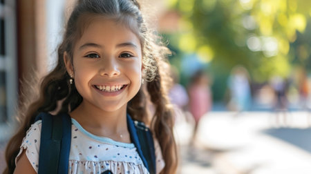 Portrait of a child girl on her first day at school.の素材