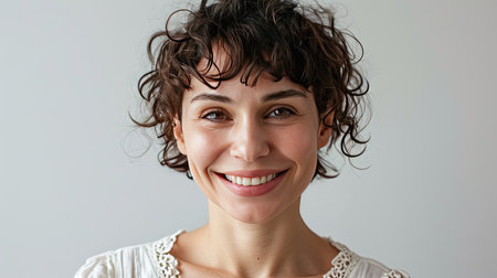 Portrait of a happy middle-aged woman looks in camera on white background.の素材