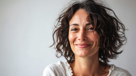 Portrait of a happy middle-aged woman looks in camera on white background.の素材